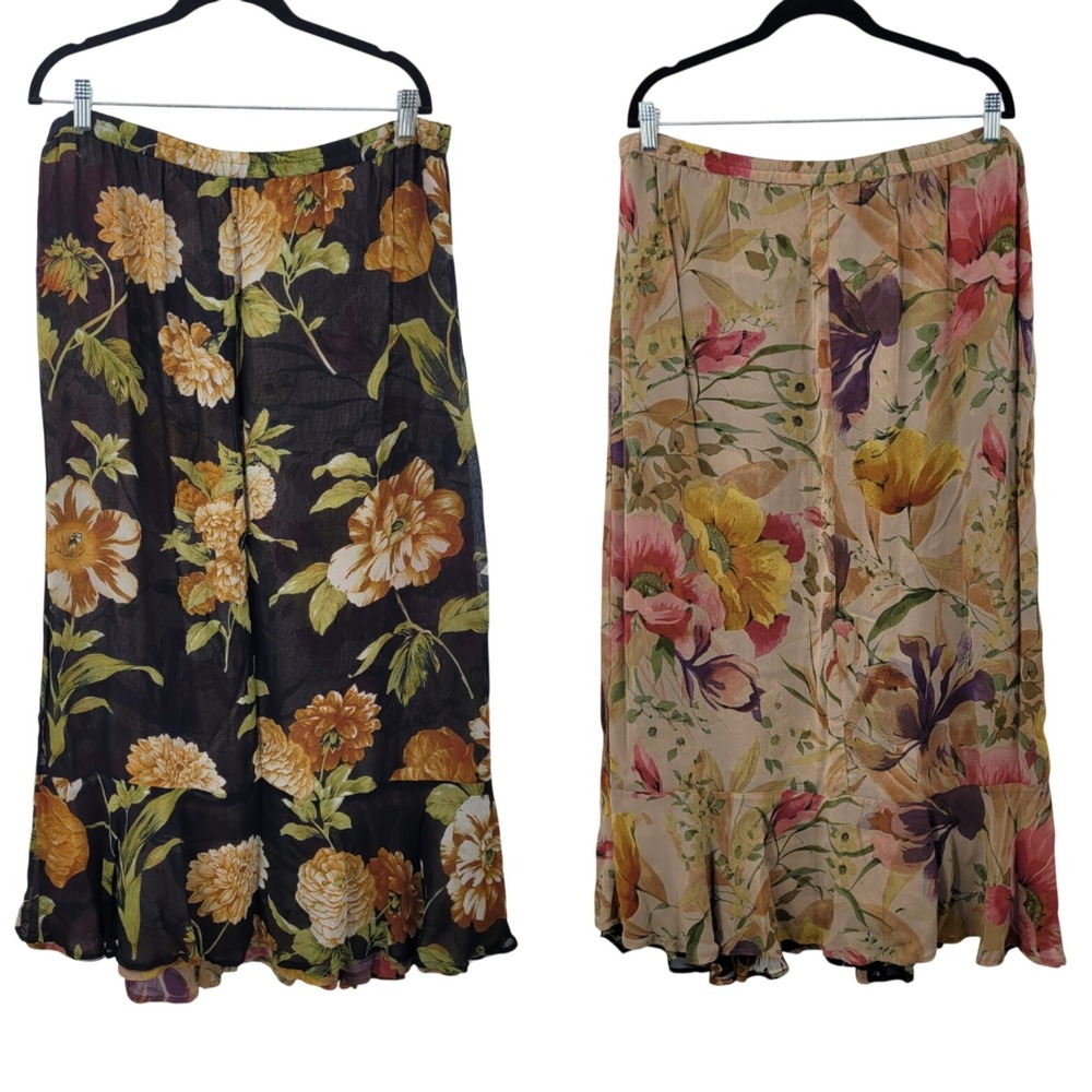 Vtg Reversible Dark Romantic Floral Ruffle Maxi Skirt Sz XL Rayon Whimsigoth